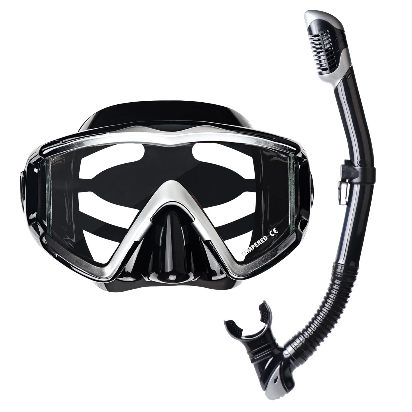 Adult Pano 3 Window Tempered Glasses Diving Mask Set, Dry Top Snorkel Mask No Leakage Diving Mask for Snorkeling