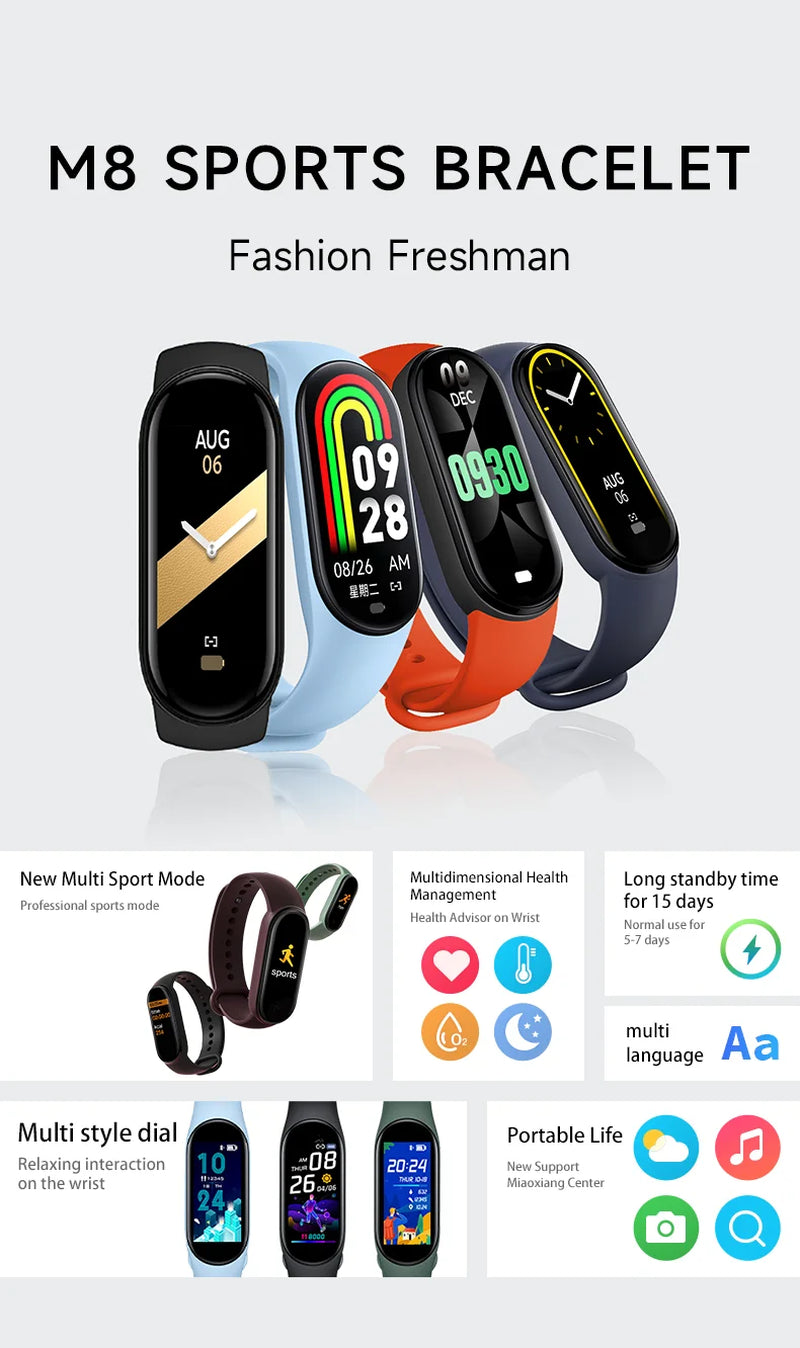 M8 Smart Watch Men Women Fitness Smart Bracelet Sports Band Heart Rate Blood Pressure Monitor Waterproof Multi-Function Watches