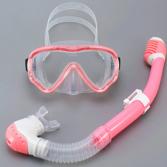 Kids Diving Mask Snorkel Set Swimming Goggles Tempered Glass Panoramic View Anti-Leak Anti-Fog Training Dry Top Youth Boys Girls
