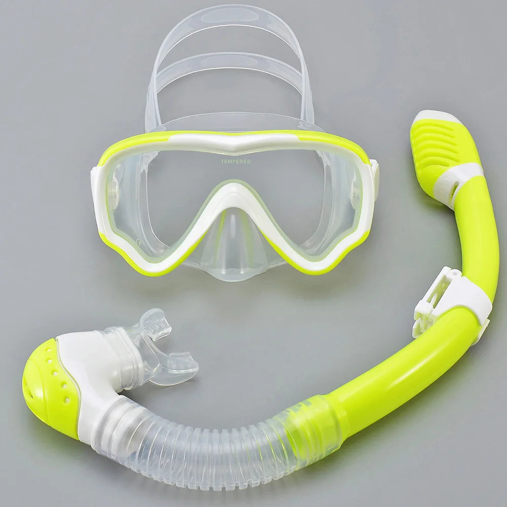 Kids Diving Mask Snorkel Set Swimming Goggles Tempered Glass Panoramic View Anti-Leak Anti-Fog Training Dry Top Youth Boys Girls