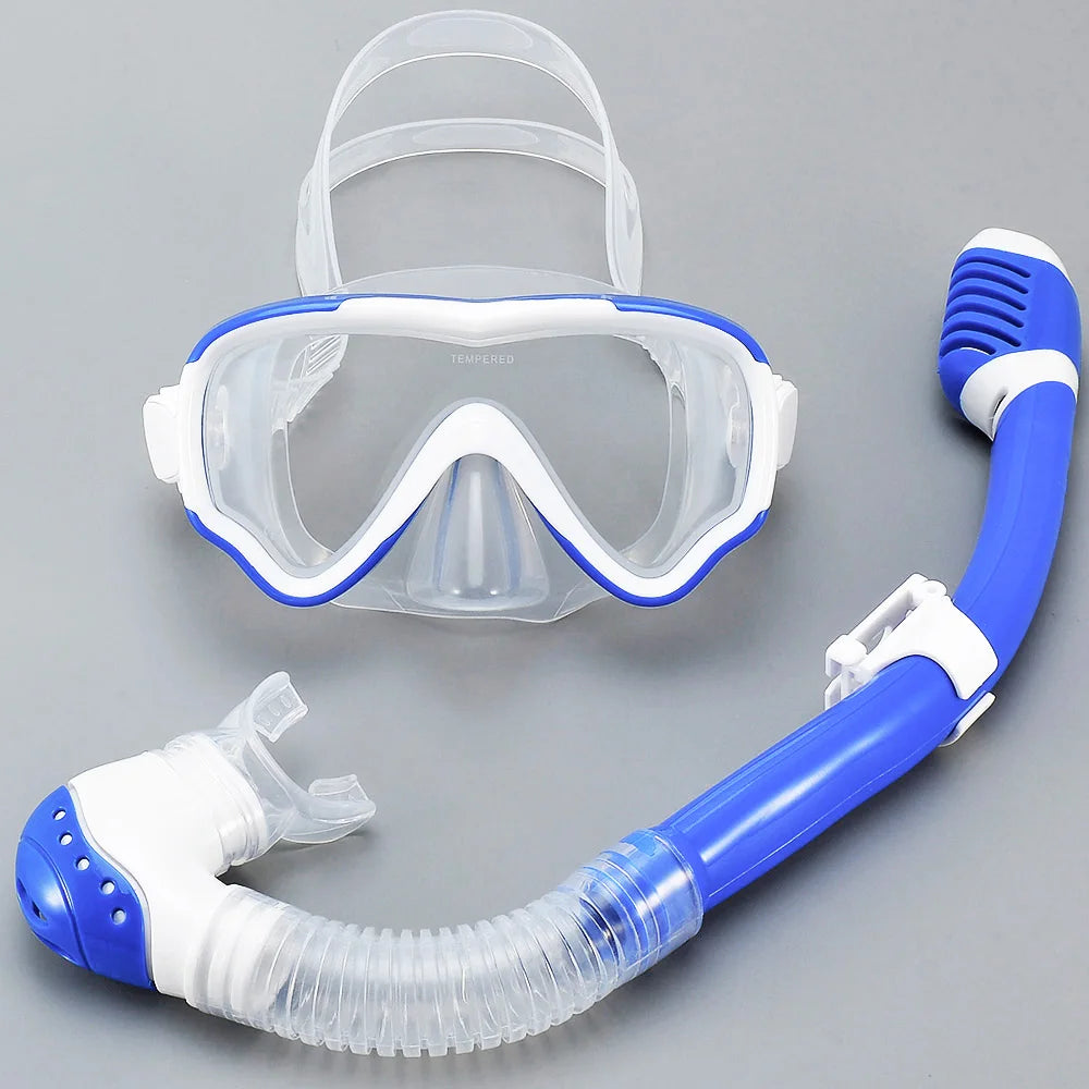 Kids Diving Mask Snorkel Set Swimming Goggles Tempered Glass Panoramic View Anti-Leak Anti-Fog Training Dry Top Youth Boys Girls