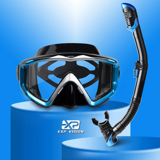 Adult Pano 3 Window Tempered Glasses Diving Mask Set, Dry Top Snorkel Mask No Leakage Diving Mask for Snorkeling