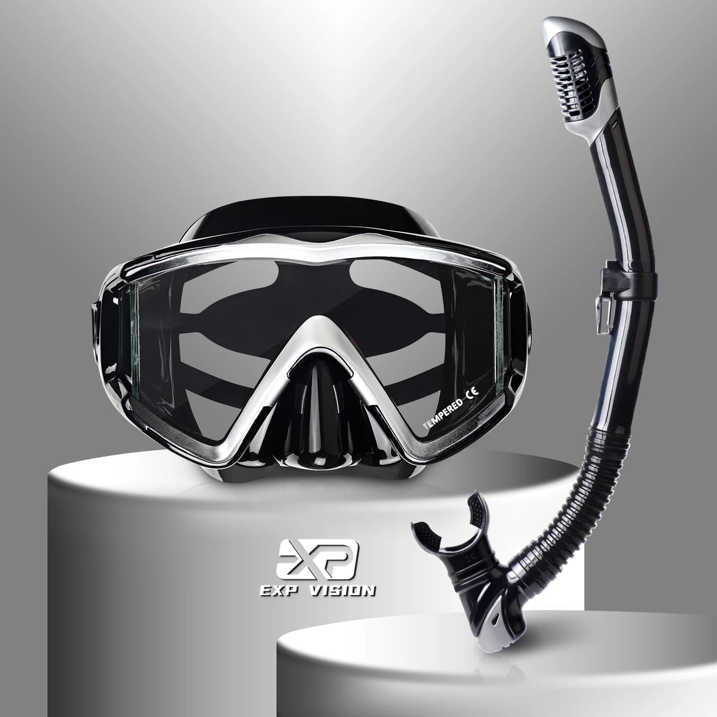 Adult Pano 3 Window Tempered Glasses Diving Mask Set, Dry Top Snorkel Mask No Leakage Diving Mask for Snorkeling