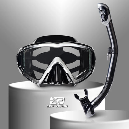 Adult Pano 3 Window Tempered Glasses Diving Mask Set, Dry Top Snorkel Mask No Leakage Diving Mask for Snorkeling