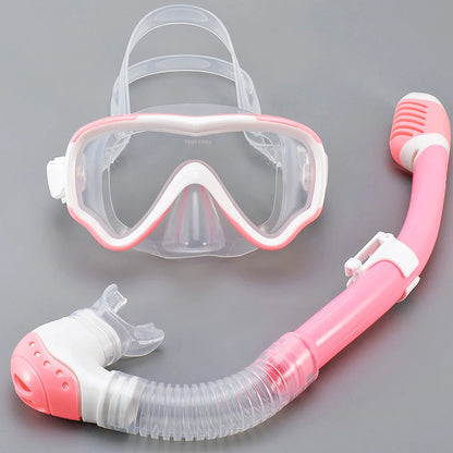 Kids Diving Mask Snorkel Set Swimming Goggles Tempered Glass Panoramic View Anti-Leak Anti-Fog Training Dry Top Youth Boys Girls