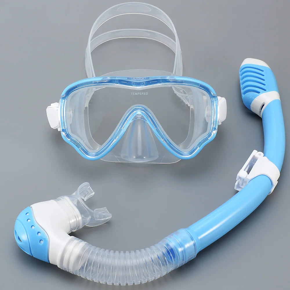 Kids Diving Mask Snorkel Set Swimming Goggles Tempered Glass Panoramic View Anti-Leak Anti-Fog Training Dry Top Youth Boys Girls