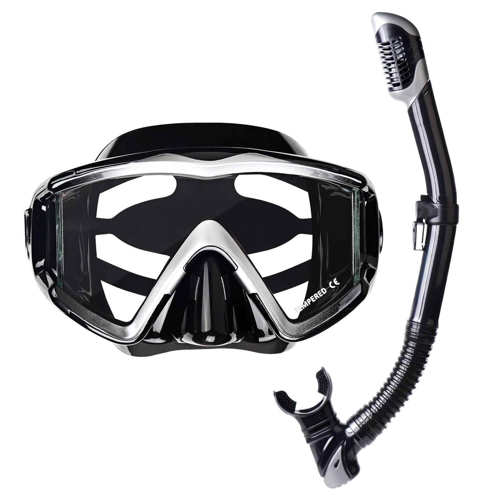 Adult Pano 3 Window Tempered Glasses Diving Mask Set, Dry Top Snorkel Mask No Leakage Diving Mask for Snorkeling