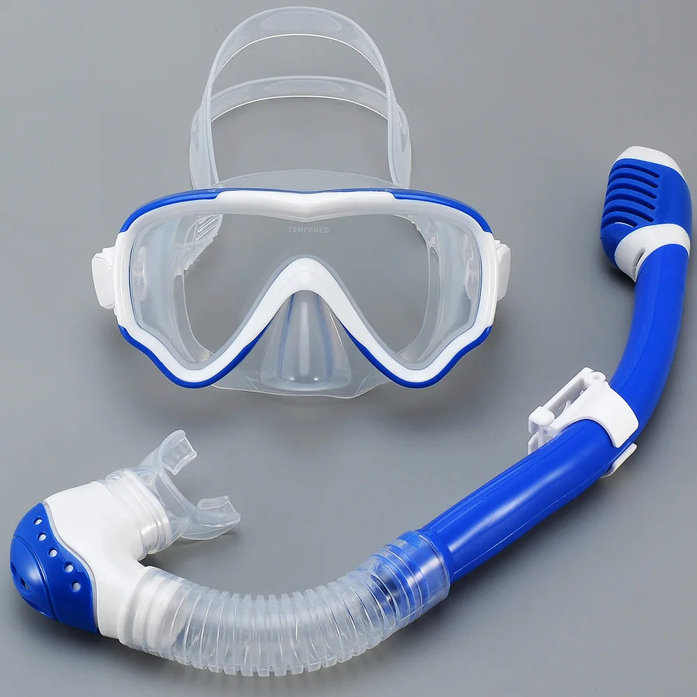 Kids Diving Mask Snorkel Set Swimming Goggles Tempered Glass Panoramic View Anti-Leak Anti-Fog Training Dry Top Youth Boys Girls