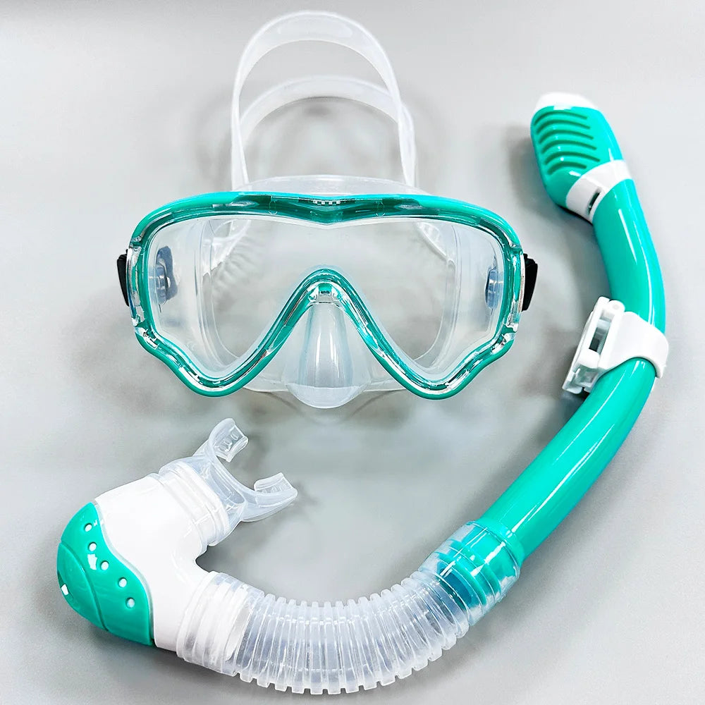 Kids Diving Mask Snorkel Set Swimming Goggles Tempered Glass Panoramic View Anti-Leak Anti-Fog Training Dry Top Youth Boys Girls