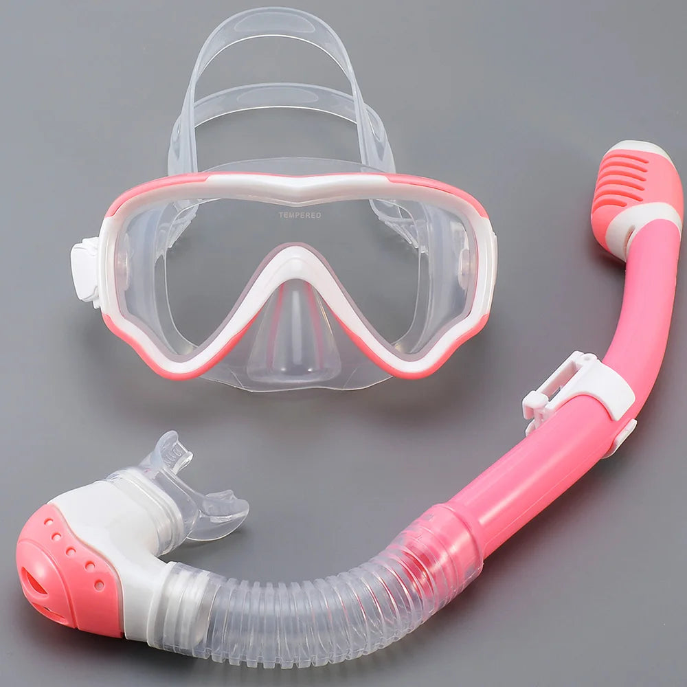 Kids Diving Mask Snorkel Set Swimming Goggles Tempered Glass Panoramic View Anti-Leak Anti-Fog Training Dry Top Youth Boys Girls